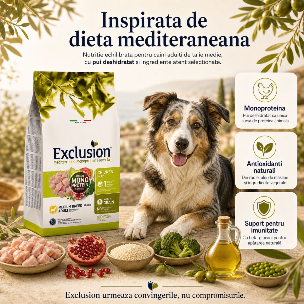 EXCLUSION Mediterraneo Monoprotein Formula Medium Breed, M, Pui, hrană uscată monoproteică câini, 12kg - imagine 4